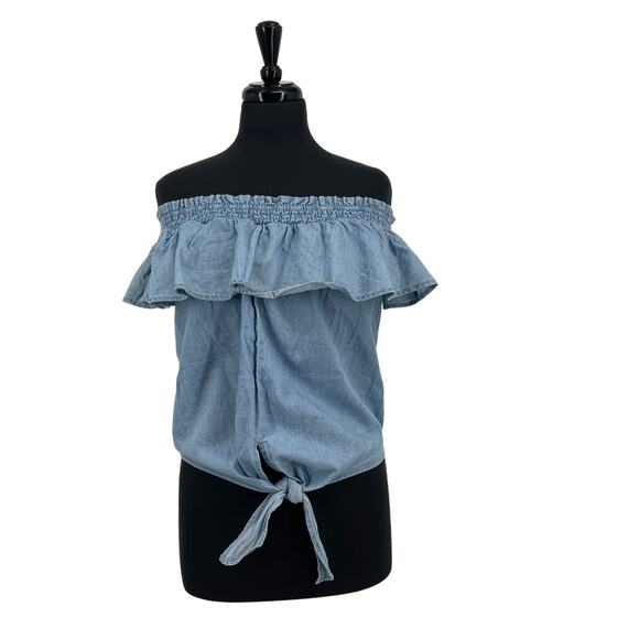 Active USA Denim Women's Chambray Tie-Front Off-The-Shoulder Top Size Large L - Picture 1 of 8